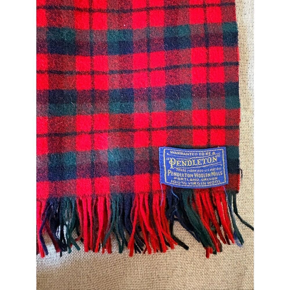 Vintage Pendleton Plaid Virgin Wool Scarf Red Black Green Fringe Made in USA
